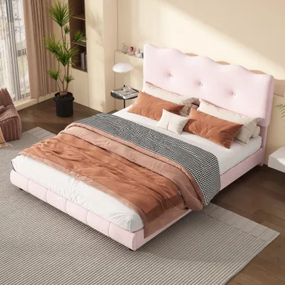 Obrázek produktu pro Čalouněná postel AIORBER, 140x200 cm, s lamelovým roštem, design vlny, nastavitelné čelo, samet, postel pro mládež, do bytu a ložnice, růžová barva