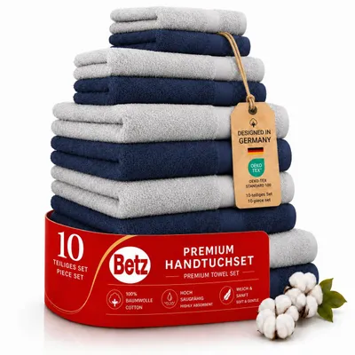 Produktbild von Betz 10-tlg. Handtuch-Set PREMIUM CLASSIC 2 Duschtücher 4 Handtücher 2 Gästetücher 2 Seiftücher  Farbe: dunkelblau & silbergrau