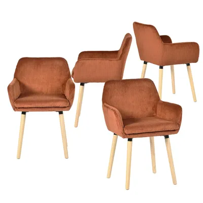 Productafbeelding van Meubles Cosy Set van 4 eetkamerstoelen in Scandinavische stijl met houten poten en rode corduroy armleuningen – ELIA