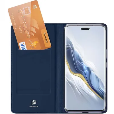 A dark blue phone case with a credit card inserted into a slot, and a smartphone displaying a colorful wallpaper.