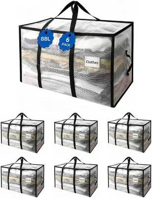 Produktbild von PolkaHome® 6 Stück Aufbewahrungsbeutel für Kleidung, 88 L, XXL Umzugskartons aus verstärktem PVC, 135 g/m², transparent, verstärkte