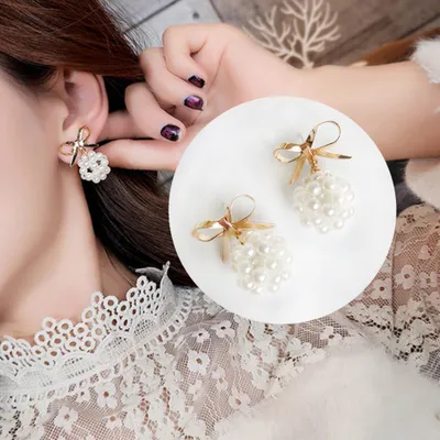 Produktbild von Mode Frauen Bowknot Faux Perle Stud Ohrring Stetement Schmuck Party Geschenk
