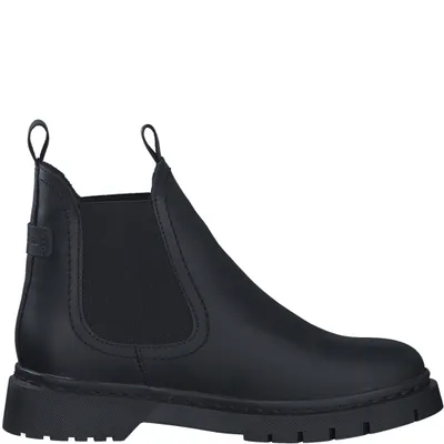 A black Chelsea boot is shown against a white background.