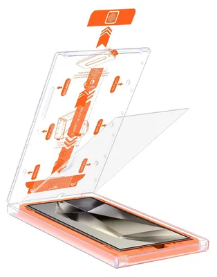 A clear plastic installation guide for a screen protector is shown open, with the screen protector partially lifted.
