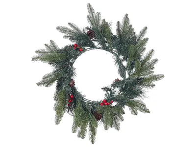 Produktbild von BELIANI Weihnachtsdekoration Kranz Grün Kunststoff Rund mit Timer LED Beleuchtung Tannenzweigen Roten Beeren Zapfen Türdeko Tischdeko Innen Wanddeko