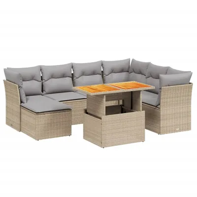 Produktbild von Modulares Garten-Sofaset, 8-teilig, mit verstellbarem Tisch, Poly Rattan, Beige/Hellgrau, UV-beständig, abnehmbare Kissenbezüge