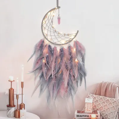Traumfänger mit LED-Licht, handgefertigt, Mondmotiv, rosa/grau, 40 cm