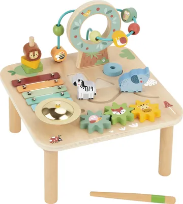 Produktbild von Tooky Toy Spieltisch aus Holz mit Xylophon und Tieren | Aktivitätstisch mit Glocke, Zahnrädern, Perlenrahmen & Tier Labyrinth | Motorikspielzeug ab 18 Monaten - 40 x 40 x 30 cm