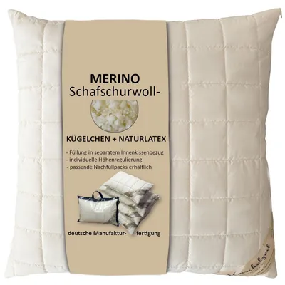 Produktbild von Merino Kopfkissen mit Naturlatex Flocken + Schafschurwollkugeln in 80x80 cm individuelle Höhenregulierung