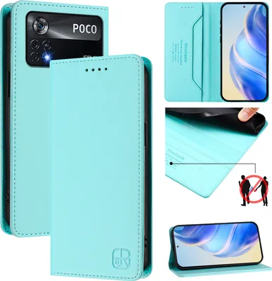 Produktbild von Lederhülle für Xiaomi Poco X4 Pro 5G Hülle Flip Brieftasche Kartenfächern Ständer Schutzhülle Türkis