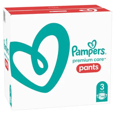 A product box for Pampers premium care pants.