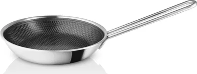 A stainless steel frying pan with a honeycomb pattern on the inside, shown on a white background.