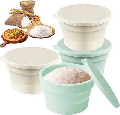 Produktbild von Pizza-Teigboxen mit Deckel - Set von 4 faltbaren Teigboxen aus Silikon - Geeignet für Pizzateig - Spülmaschinenfest - Pizza-Zubehör