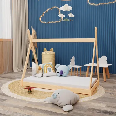 Produktbild von Montessori Kinderbett 140x70cm natur Tipi Spielbett Zeltform Holz bodentief mit Lattenrost mit 100 Matratze