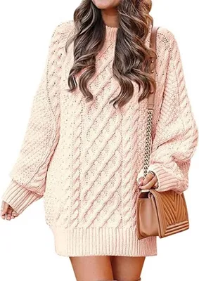 Image de ASKSA Robe pull femme col rond manches longues torsadées col roulé chunky Robe pull courte, rose clair, XL