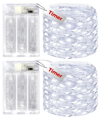 Lichterkette 10 m, 100 LEDs, Batterie-Timer, kaltweiß, 2er Set
