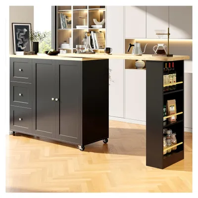 Produktbild von Stehtisch 360° drehbar 135-203 x 39 x 106 cm mit Rollen in Schwarz, drei Schubladen und Snackhalter, multifunktionale Aufbewahrungsinsel für Küche und Wohnzimmer