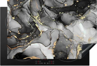 Produktbild von KitchenYeah© Herdabdeckplatte Marmor - Schwarz - Gold - Grau , 76x51cm, Küche Deko, Glaskeramikkochfeld Herdabdeckung, Abdeckplatte fùr Kochfeld