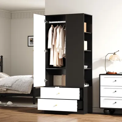 Produktbild von Kleiderschrank mit Spiegel und einer Tür. Moderne Garderobe mit 2 Schubladen und 4 Einlegeböden, ideal zur vielseitigen Aufbewahrung im Schlafzimmer. Weiß+Schwarz, Maße: 80x40x180 cm