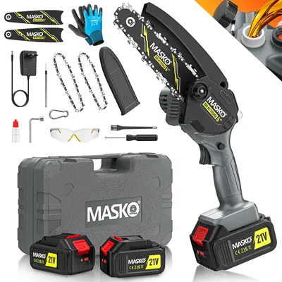 Immagine prodotto di Mini motosega MASKO® con batteria da 8000 mAh | Motosega elettrica portatile con 2 batterie da 4000 mAh per potatori/tagliarami/taglio del legno | Motosega da 800 W con sistema di lubrificazione automatico