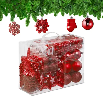 Produktbild von Relaxdays Weihnachtskugeln 100er Set, glitzernd, matt & glänzend, Baumschmuck, Kunststoff, verschiedene Designs, rot