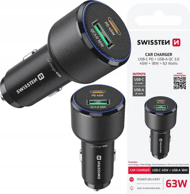 Zdjęcie produktu dla Ładowarka Samochodowa Kompaktowa Swissten 1 X Usb-c Pd + 1 X Usb-a Qc 63w