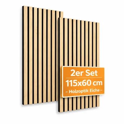 Obrázek produktu pro Sada 4 akustických panelů 3D – Nástěnné panely pro zlepšení akustiky, rozměry 115 x 60 x 2,1 cm – Obklad stěn s vzhledem dřeva, vhodné do obytných prostor a kanceláří (sada 4 kusů, barva dub)