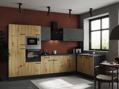 Produktbild von Küche Küchenzeile Winkelküche Grau Matt Artisan Eiche Oliver 340x172 cm Respekta
