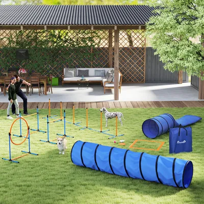 Obrázek produktu pro Sweiko Agility sada pro psy, 11 dílů. Agility vybavení pro psy, zahrnuje: 2 tunely s nastavitelnou výškou, skokový kruh, překážky a slalomovou tyč