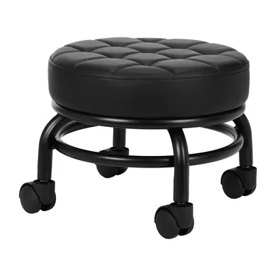A black rolling stool with a padded seat and a metal frame with casters.