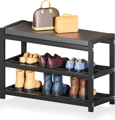 Zdjęcie produktu dla Ławka pluszowa z 3 poziomami - Półka na buty 65 x 25 x 41,5 cm - Stal węglowa - Udźwig do 150 kg - Wejście korytarz Łazienka Salon