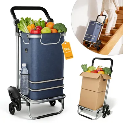 Image de Chariot de courses pliable LZQ 56 L, chariot de courses robuste avec système de montée d'escaliers, chariot de transport 3 en 1, diable et sac à bandoulière, bleu