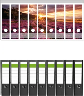 Produktbild von Wallario 9 Stück breite Ordner inkl. Klebeetiketten mit Motive Lavendelfeld bei Sonnenuntergang - Sonnenstrahlen -  Set mit Rückenschildern / Ordnerrücken Stickern
