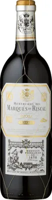 A bottle of Marques de Riscal Reserve Rioja wine, presented in a net.