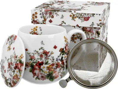 Produktbild von DUO FLORAL Fassbecher 430 ml VINTAGE FLOWERS WHITE mit Teesieb, New Bone China Porzellan