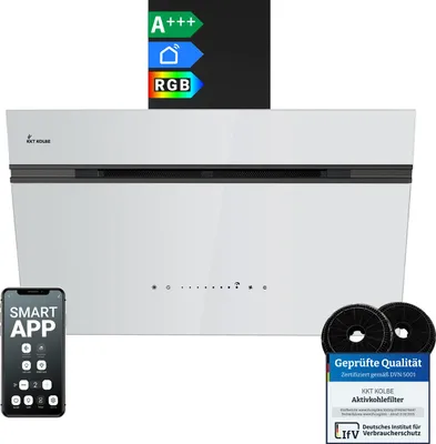 Produktbild von KKT KOLBE A+++ Dunstabzugshaube 80 cm 782 cbm/h Umluft Abluft Kopffrei Wandhaube | Schwarz Weiß Glas | Nachlaufautomatik | Smart WiFi App WLAN | SensorTouch | RGBW LED-Beleuchtung | AURORA8005SW