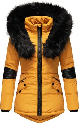 Produktbild von Navahoo Nirvana Vegane Damen Winter Steppjacke mit abnehmbarer Kapuze mit Kunstpelzkragen und Teddyfell Futter Gelb Gr. 36 - S