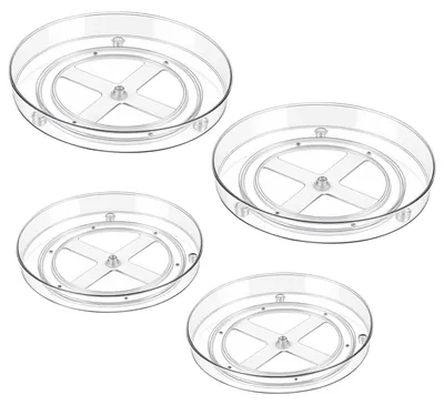 Image de Ensemble de 4 plateaux rotatifs pour réfrigérateur, 2 tailles différentes, organisateur de cuisine transparent rotatif : 23,3 x 3,5 cm et 27 x 4,5 cm. Plateaux rotatifs pour épices et provisions.