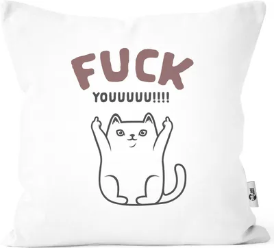 Produktbild von Kissen-Bezug Fuck Youuu! Schriftzug Katze-Motiv Mittelfinger Kissen-Hülle Deko-Kissen Baumwolle MoonWorks® weiß unisize