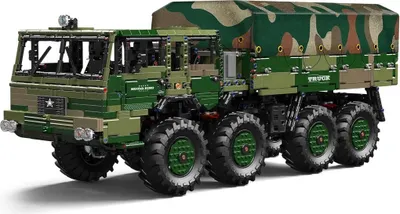 A detailed model of a military truck with camouflage tarp.