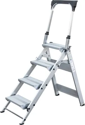 Produktbild von Klapptreppe mit Haltebügel | 4 Stufen | Traglast 150kg | Aluminium | rutschfeste Kunststoffschuhe