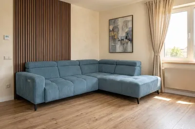 Obrázek produktu pro Moderní rohová pohovka Velvet Cord v modré barvě s elektrickou relaxační funkcí | Nastavitelné opěrky hlavy | Elegantní design