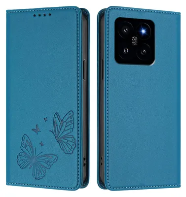 Produktbild von Lederhülle für Xiaomi 14, Schmetterling Prägung Leder Brieftasche Schutzhülle mit Ständer Blau