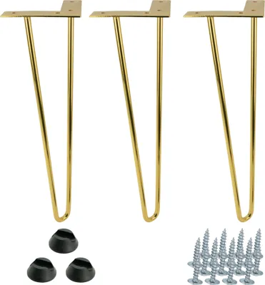 Obrázek produktu pro sada 3 nábytkových nohou Hairpin ve zlaté barvě, výška 41 cm, 2 tyče, stabilní a elegantní, pro stoly, lavice a komody, včetně šroubů a ochranných podložek pod nohy
