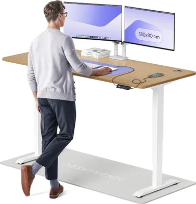 Produktbild von Desktronic HomePro Elektrisch höhenverstellbarer Schreibtisch 180x80cm Massive Eiche/Weißmit Memory-Funktion, Anti-Kollisions Technologie, USB-A und USB-C-Ladeanschlüssen