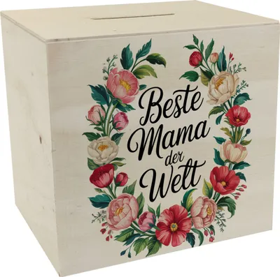 Produktbild von Beste Mama der Welt Spardose aus Holz Blumenkranz
