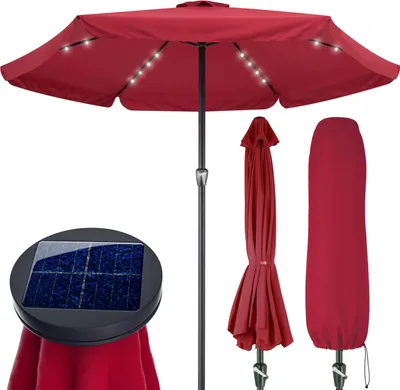 Produktbild von KINGSLEEVE® Sonnenschirm LED Beleuchtung UV Schutz 80+ Solar Schutzhülle 330cm Groß Kurbel Volant Balkon Terrasse Gartenschirm Marktschirm Rot