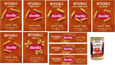 Produktbild von Barilla Vollkorn Pasta Mix 10 Sorten/10×500 g (Gesamt 5 kg) Casarecce, Penne Rigate, Tortiglioni, Mezze Penne, Cellentani, Fusilli, Farfalle,Spaghetti,Linguine,Spaghettini + Italian Gourmet polpa 400g