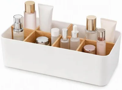 Image de Organisateur de bureau avec 8 compartiments, dimensions 26,6 x 12,8 x 7,9 cm, fabriqué en polypropylène et en bambou, idéal pour l'organisation de votre bureau