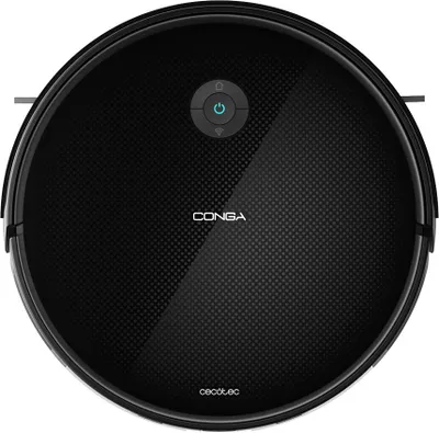 A top-down view of a black robot vacuum cleaner on a white background.